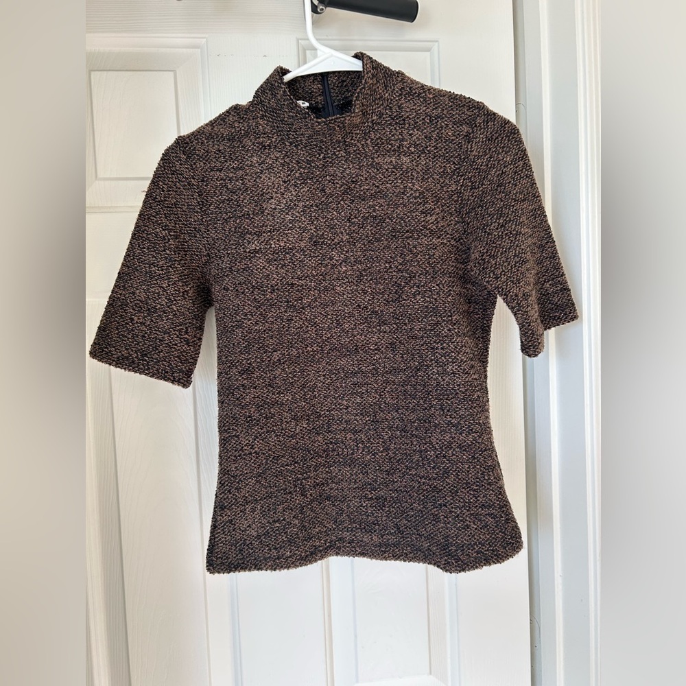 ZARA Tweed Mock Neck Short Sleeve Top Size S